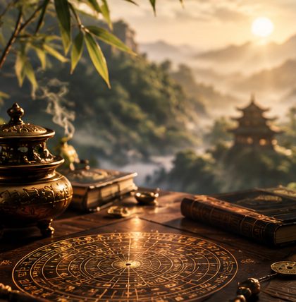 Lư hương đồng, la bàn phong thủy và sách cổ đặt trên bàn gỗ