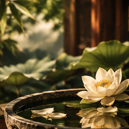 Hoa sen trắng nở trên chậu đá giữa hồ sen