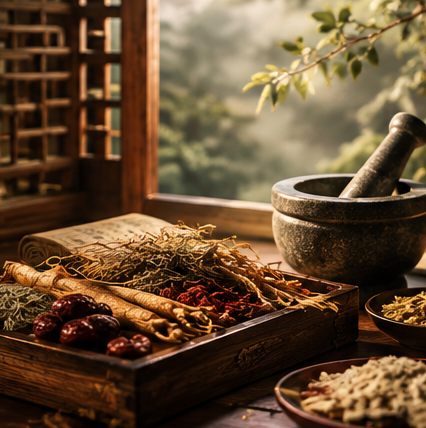 Khay dược liệu khô, cối đá và thảo mộc bên khung cửa gỗ