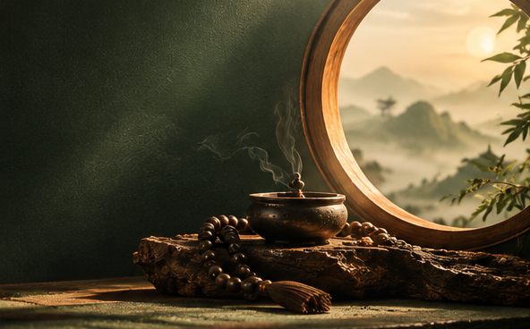 Lư trầm toả khói và chuỗi hạt đặt trên bàn gỗ bên ô cửa tròn