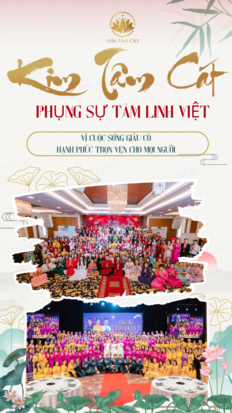 Ấn phẩm thương hiệu Kim Tâm Cát với dòng chữ Phụng sự tâm linh Việt và ảnh các buổi gặp mặt cộng đồng