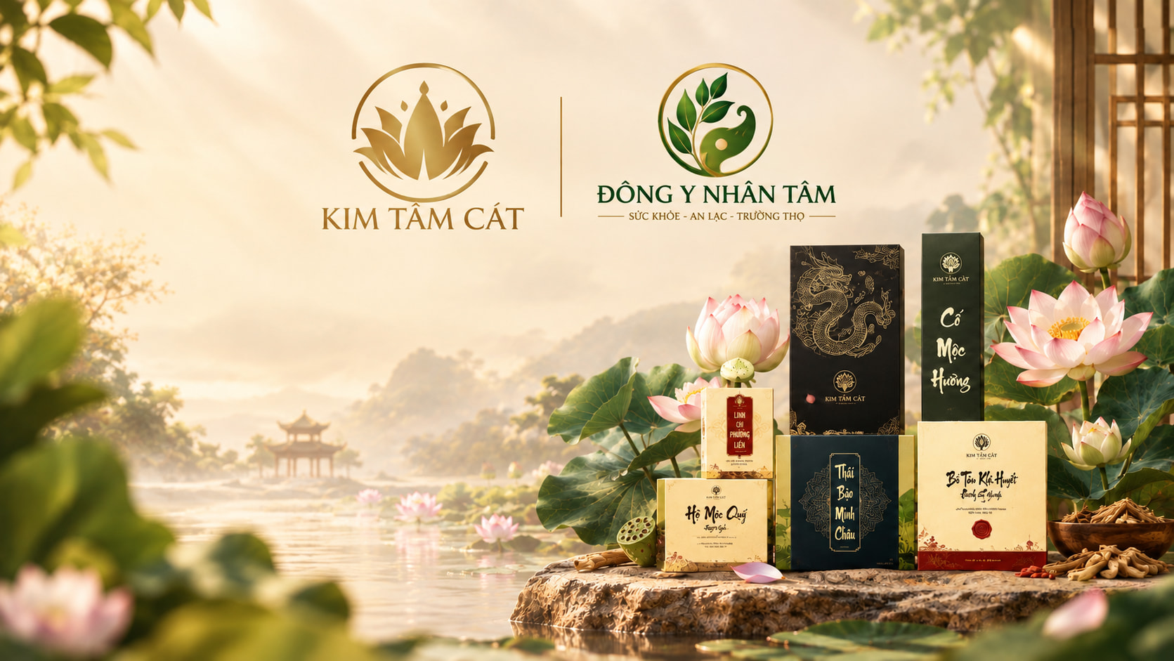 Bìa thương hiệu Kim Tâm Cát và Đông Y Nhân Tâm: bộ sản phẩm phong thủy bên hoa sen và đình cổ